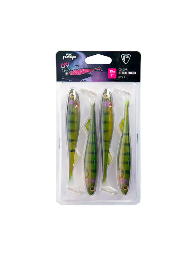 Pack 4 leurres ultra UV Slick Shad 13cm Stickleback Fox Rage Natusport