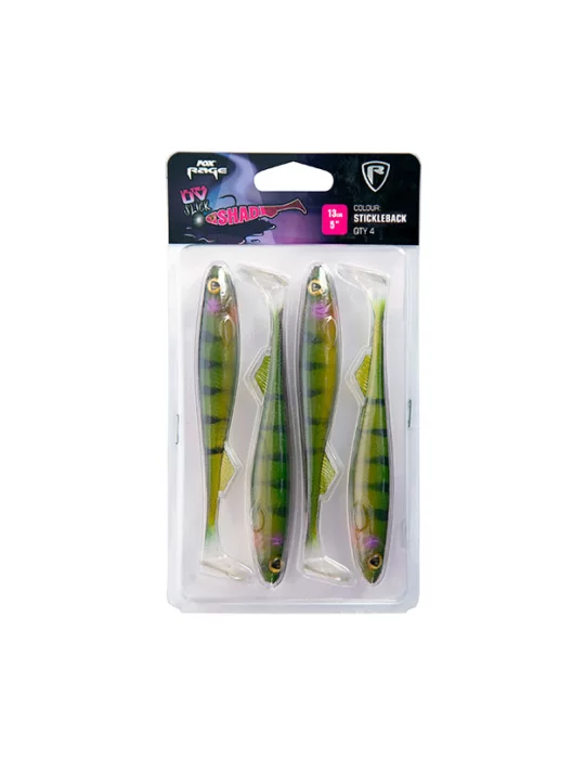 Pack 4 leurres ultra UV Slick Shad 13cm Stickleback Fox Rage Natusport