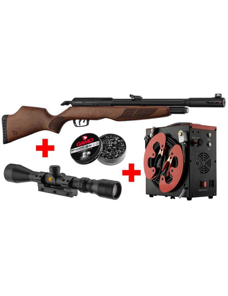 Pack Gamo PCP Riser Punisher calibre 5.5mm avec lunette 3-9x40wr et compresseur PCP et boite de 250 plombs - Natusport