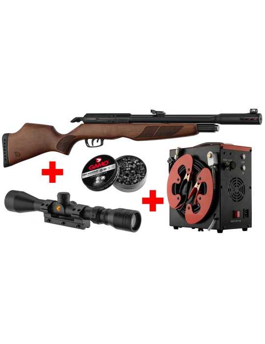 Pack Gamo PCP Riser Punisher calibre 5.5mm avec lunette 3-9x40wr et compresseur PCP et boite de 250 plombs - Natusport