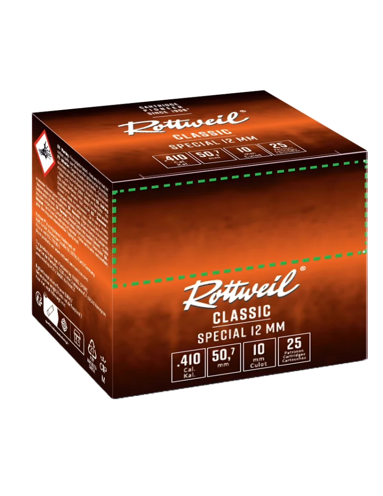 Cartouche de chasse Rottweil 12mm pour petit gibier, bourre à jupe