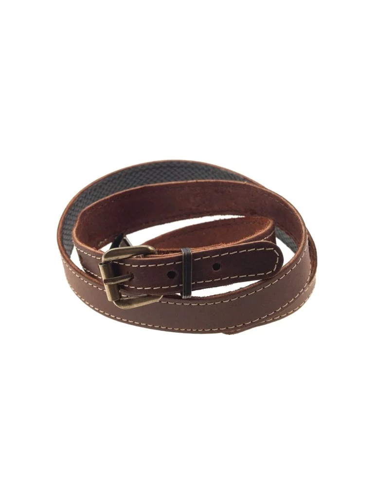 Bretelle plate en croute de cuir gras piqué de 25mm avec mousquetons