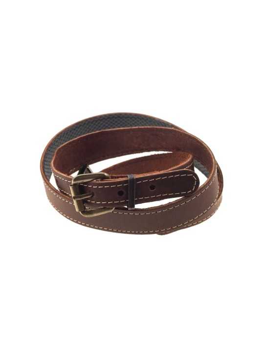 Bretelle plate en croute de cuir gras piqué de 25mm avec mousquetons