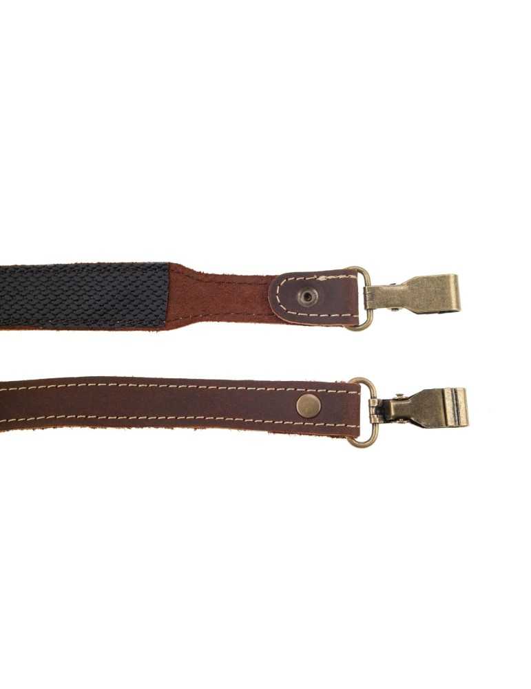 Bretelle plate en croute de cuir gras piqué de 25mm avec mousquetons