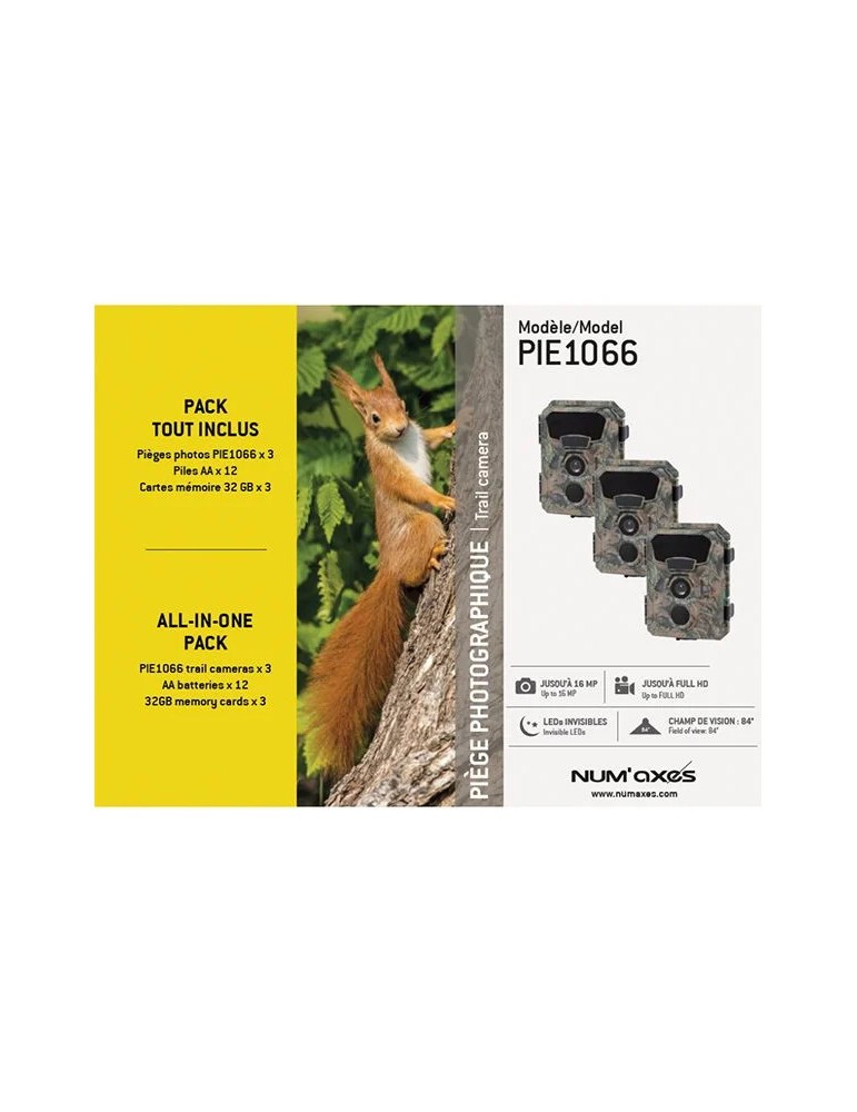 PACK 3 x PIE1066 3 piège photographique PIE1066 + 12 piles AA + 3 cartes mémoire 32 GB