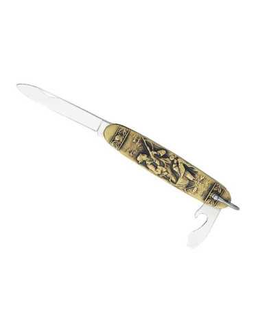 Couteau Navette 2 Pièces Manche Laiton Motif Pêcheur